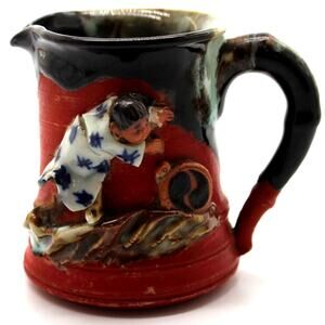 Antique Japanese Sumida Gawa Pottery Pitcher Creamer Drip Glaze Yin Yang Marked